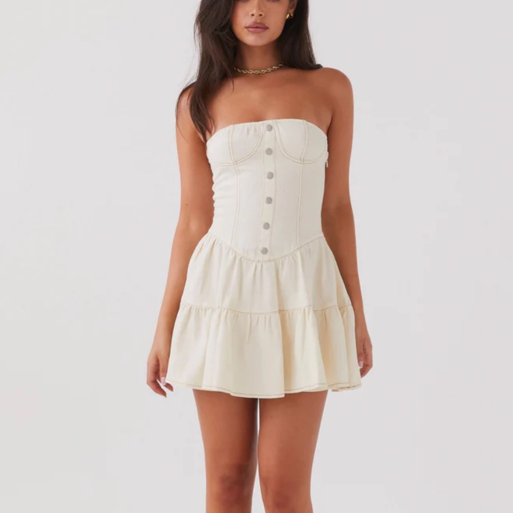 Peppermayo Cream Strapless Tiered Mini Dress